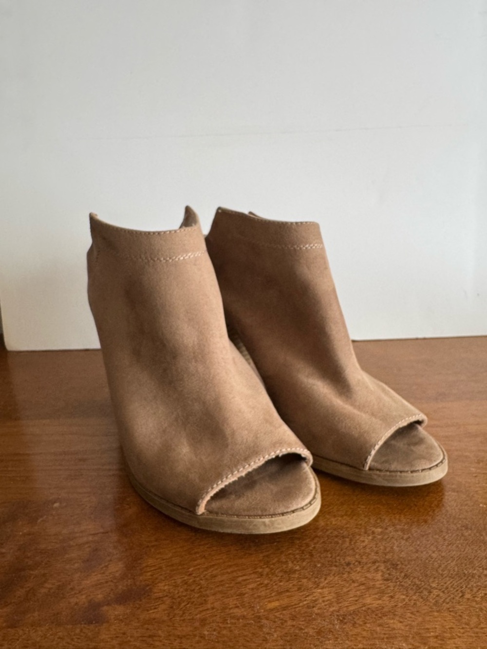 Report Collection Tan Suede Peep-Toe Ankle Heels size 5 1/2 but also fits size 6
